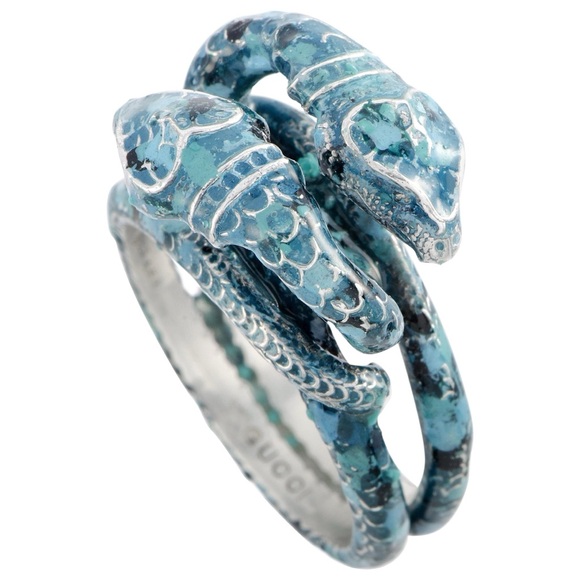 Gucci Garden Silver and Blue Enamel Snake Motif Ring - Picture 1 of 11